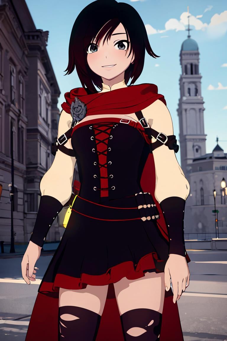 ((masterpiece,best quality)),  absurdres, <lora:Ruby_RWBY_AnyLora_MoreTagsAbsorbed:0.9>, Ruby_RWBY,  solo, looking at viewer, smiling, contrapposto, cowboy shot, 