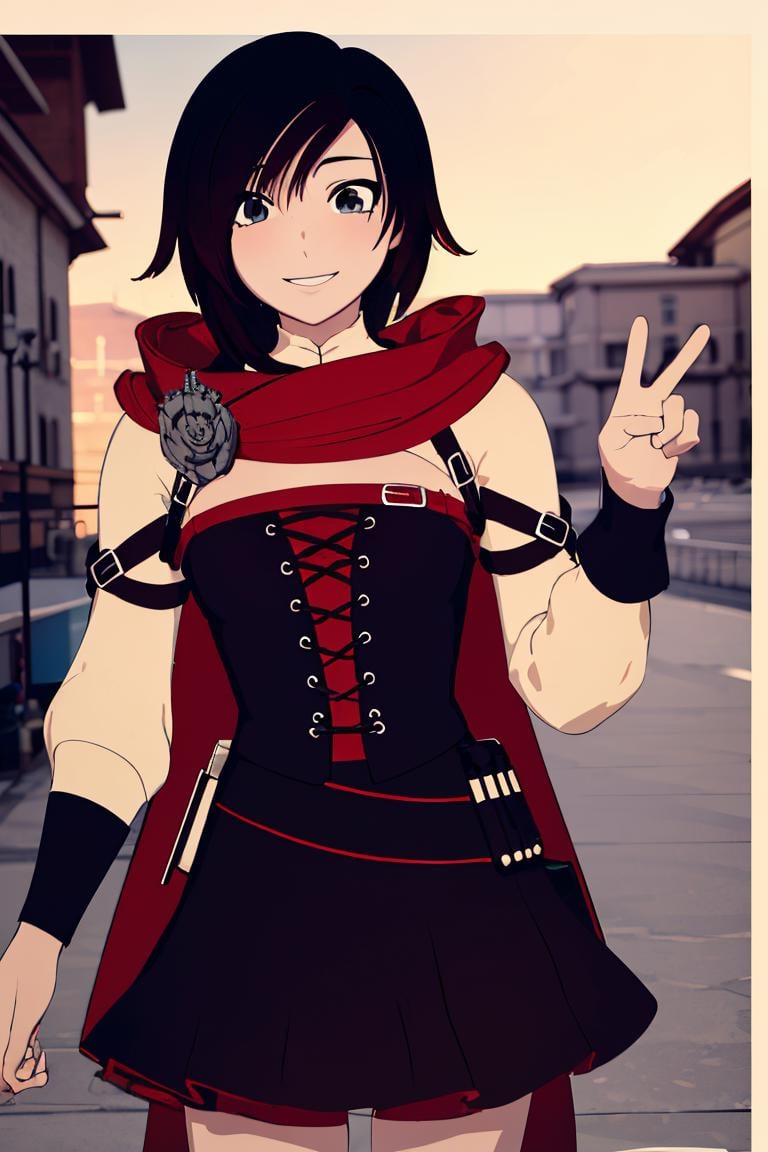 ((masterpiece,best quality)),  absurdres, <lora:Ruby_RWBY_AnyLora_MoreTagsAbsorbed:0.8>, Ruby_RWBY,  solo, smiling, looking at viewer, cowboy shot,  cinematic composition, dynamic pose, <lora:loraPeaceSign_v03:0.3>, peace,