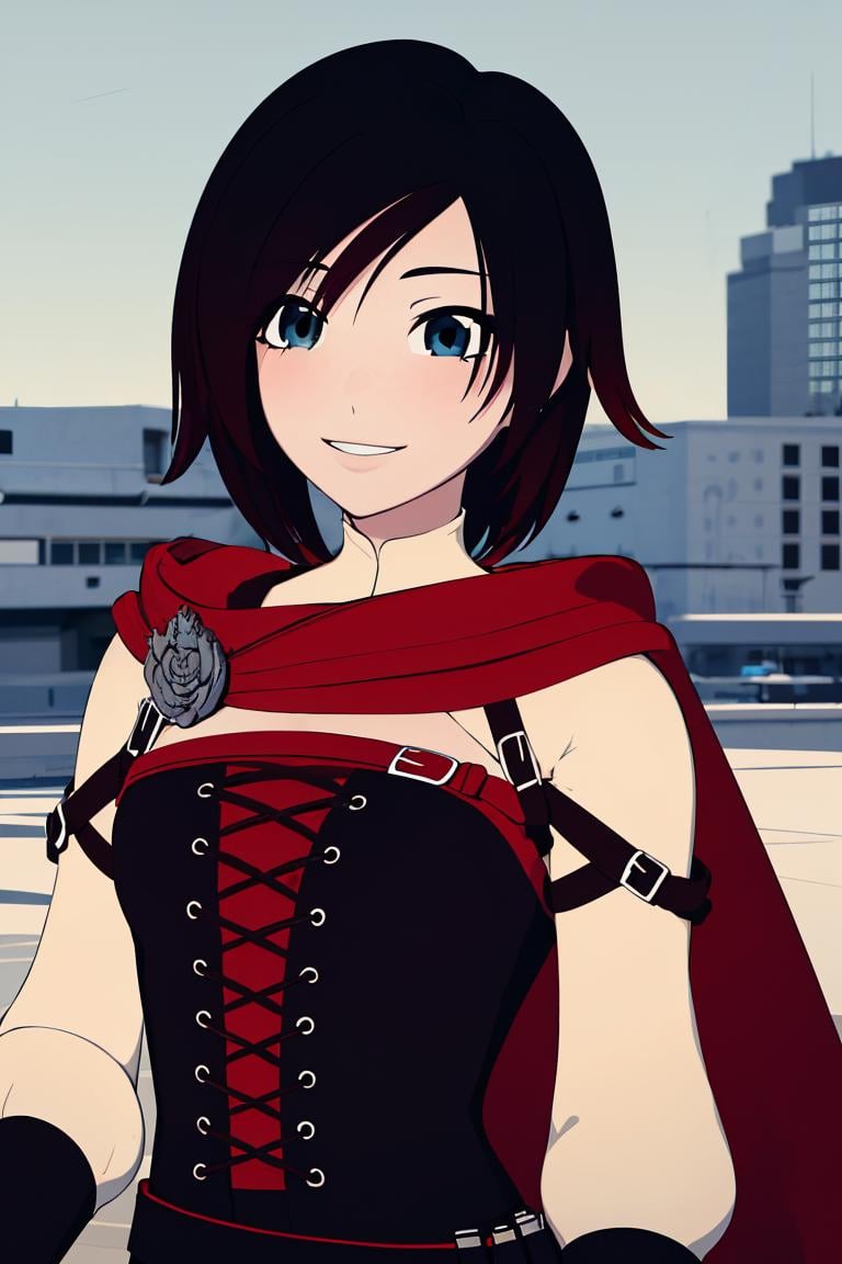 ((masterpiece,best quality)),  absurdres, <lora:Ruby_RWBY_AnyLora_MoreTagsAbsorbed:0.8>, Ruby_RWBY,  solo, smiling, looking at viewer, upper body,  detailed eyes, 