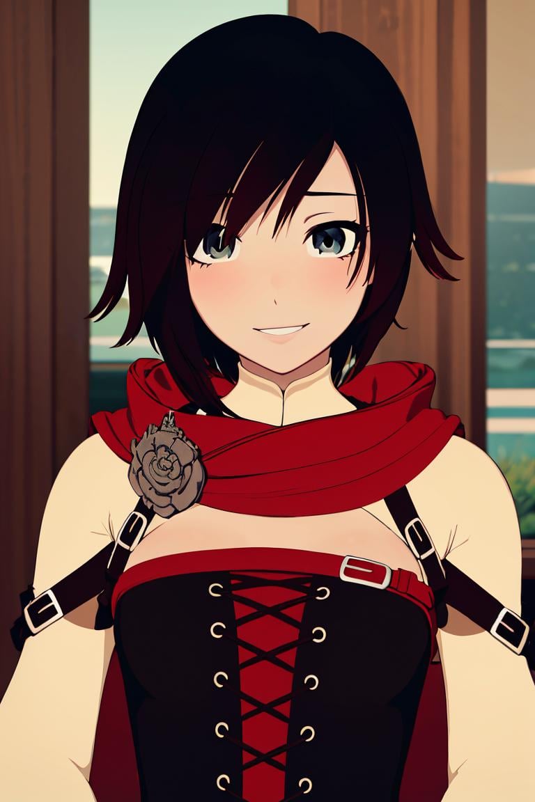 ((masterpiece,best quality)),  absurdres, <lora:Ruby_RWBY_AnyLora_MoreTagsAbsorbed:0.8>, Ruby_RWBY,  solo, looking at viewer, upper body,  detailed eyes, blushing, cute, smiling, 