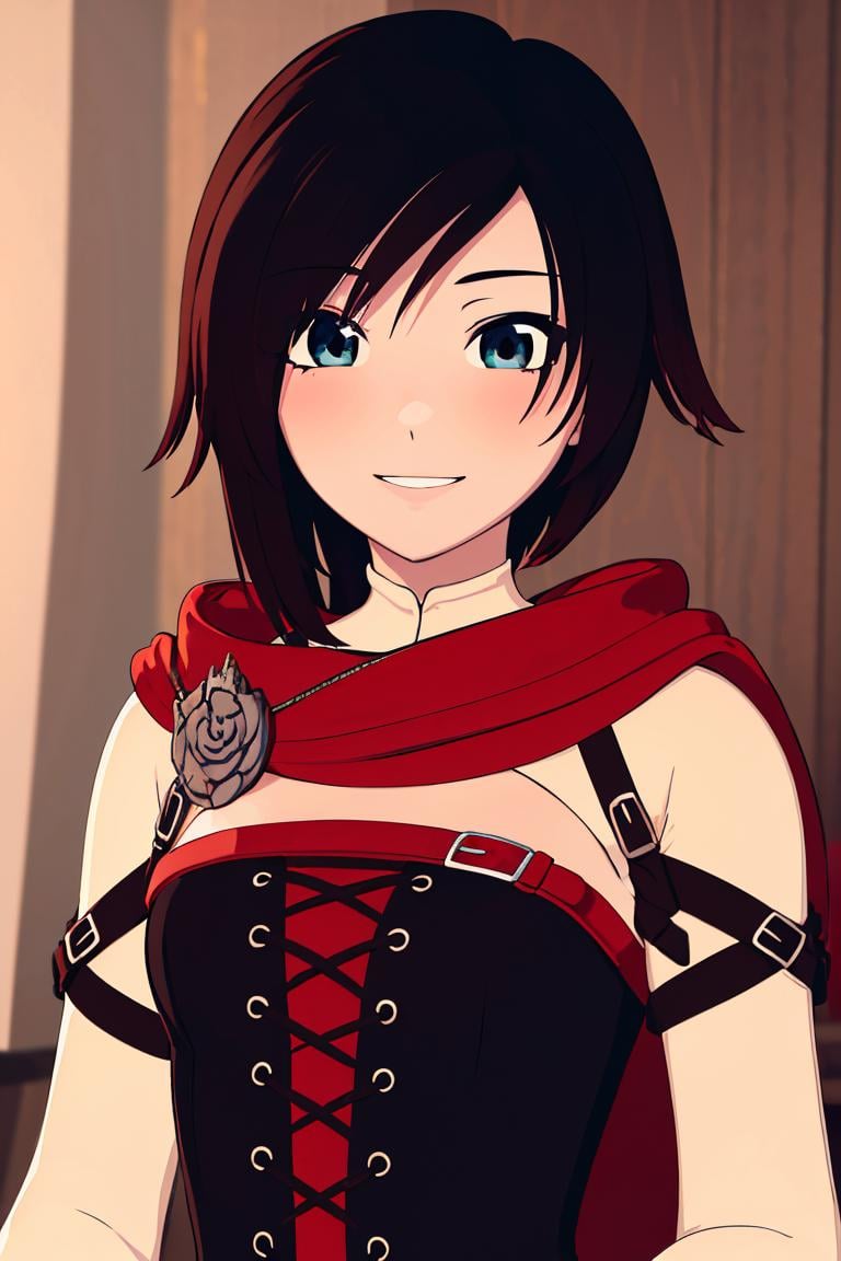 ((masterpiece,best quality)),  absurdres, <lora:Ruby_RWBY_AnyLora_MoreTagsAbsorbed:0.8>, Ruby_RWBY,  solo, looking at viewer, upper body,  detailed eyes, blushing, cute, smiling, 