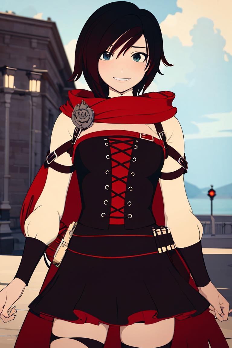 ((masterpiece,best quality)),  absurdres, <lora:Ruby_RWBY_AnyLora_MoreTagsAbsorbed:0.8>, Ruby_RWBY,  solo, smiling, looking at viewer, cowboy shot,  cinematic composition, dynamic pose,