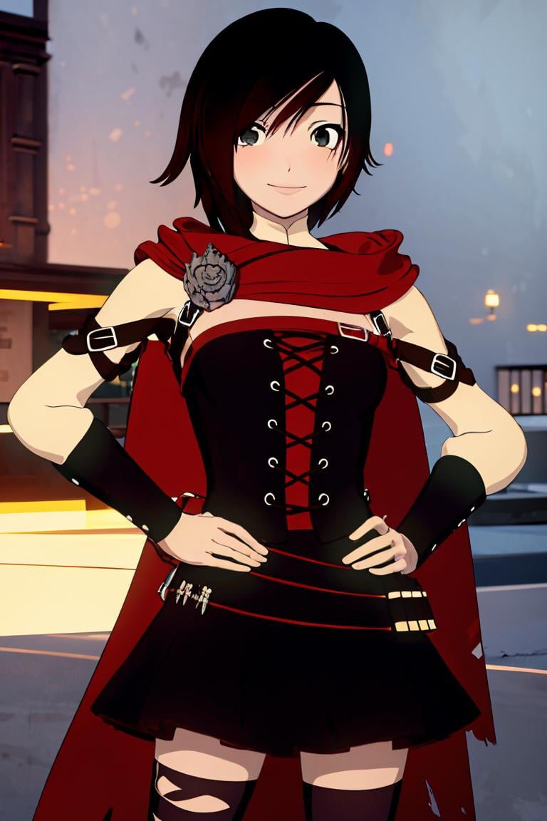 ((masterpiece,best quality)),  absurdres, <lora:Ruby_RWBY_AnyLora_MoreTagsAbsorbed:0.9>, Ruby_RWBY,  hands on hips, solo, smiling, looking at viewer, cowboy shot, cinematic composition, dynamic pose,