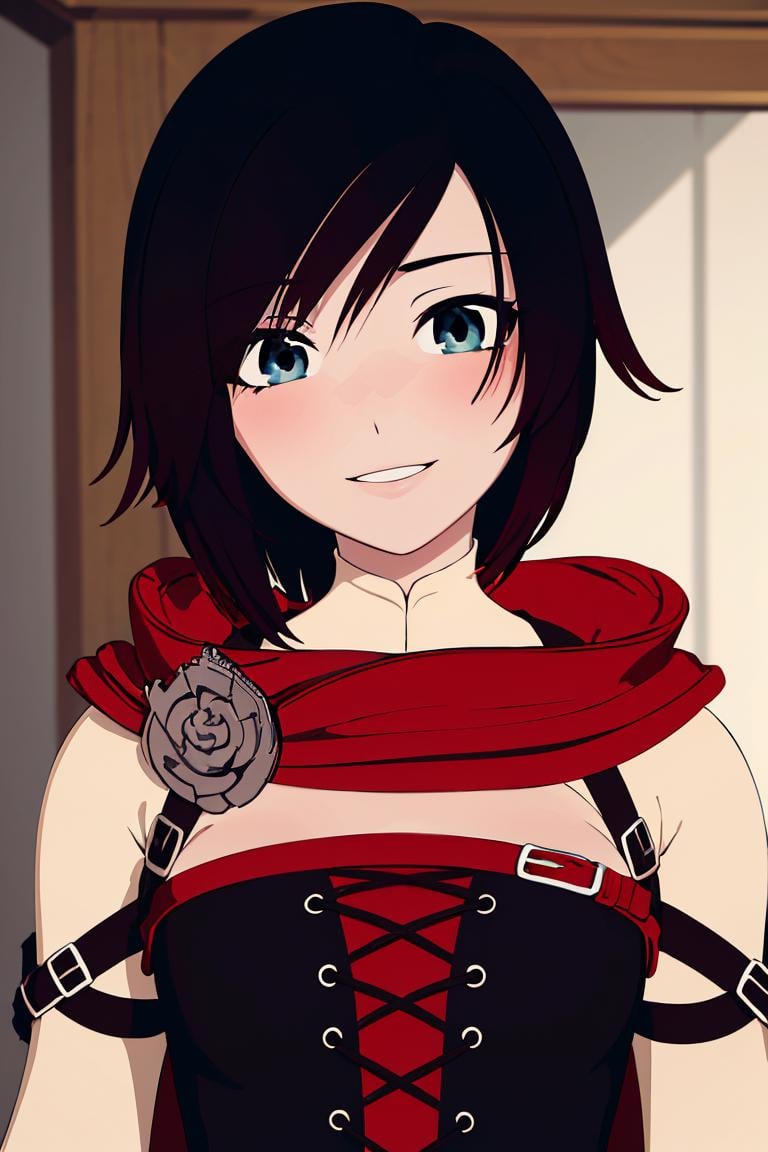 ((masterpiece,best quality)),  absurdres, <lora:Ruby_RWBY_AnyLora_MoreTagsAbsorbed:0.8>, Ruby_RWBY,  solo, looking at viewer, upper body,  detailed eyes, blushing, cute, smiling, 