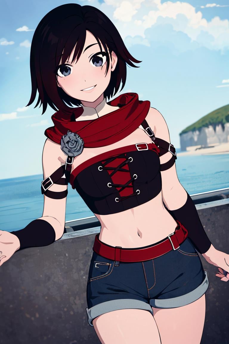 ((masterpiece,best quality)),  absurdres,denim shorts, white crop top,<lora:Ruby_RWBY_AnyLora_LessTagsAbsorbed:0.7>, Ruby_RWBY,solo, smiling, looking at viewer, cowboy shot,