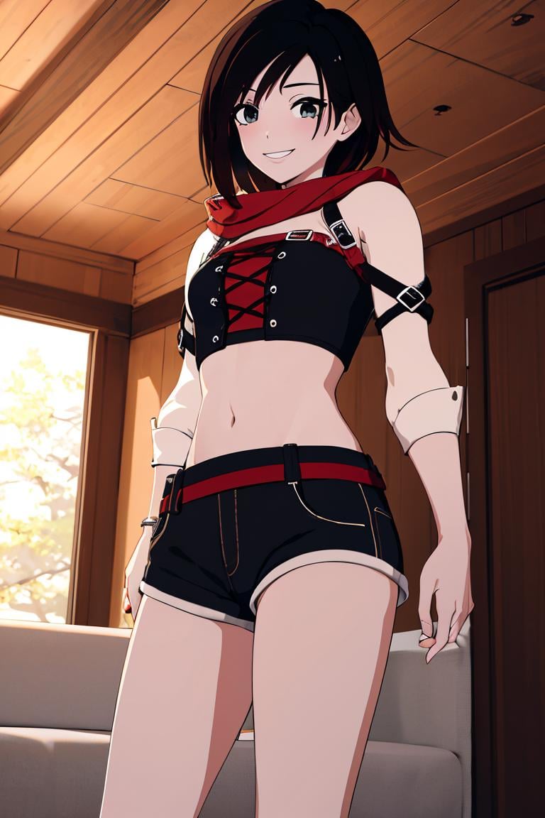 ((masterpiece,best quality)),  absurdres,denim shorts, white crop top,<lora:Ruby_RWBY_AnyLora_LessTagsAbsorbed:0.7>, Ruby_RWBY,solo, smiling, looking at viewer, cowboy shot,