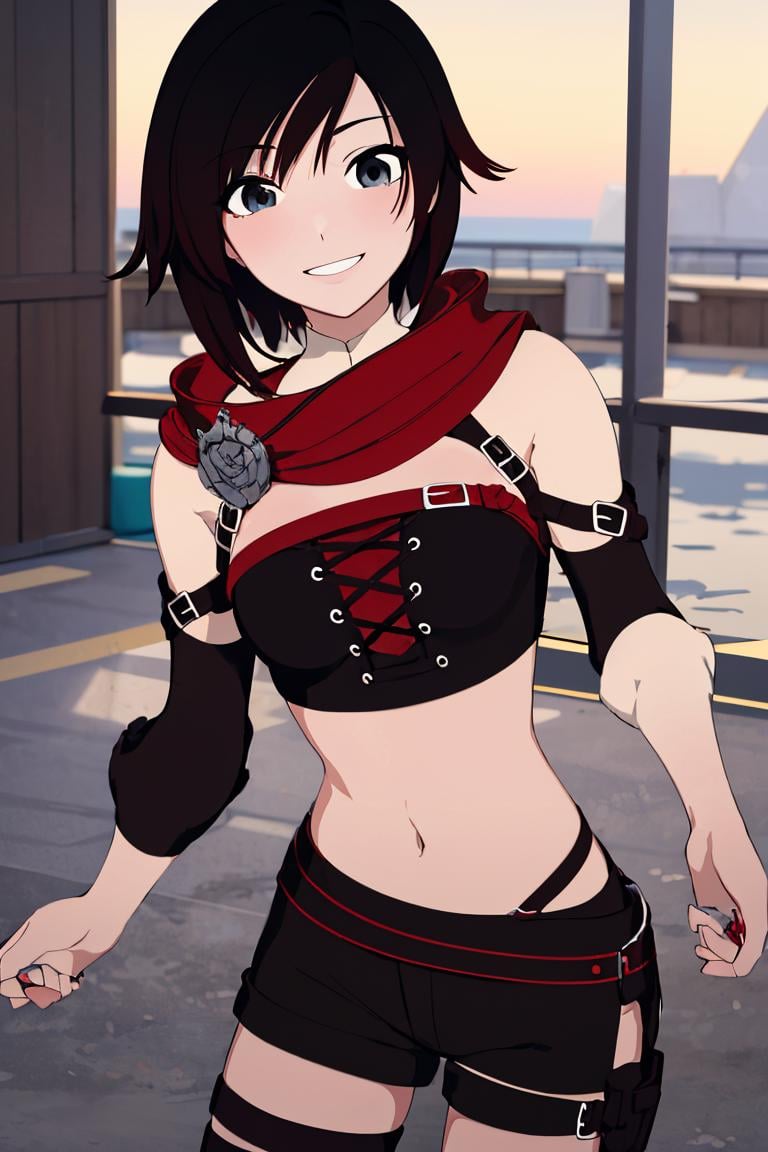 ((masterpiece,best quality)),  absurdres,Bikini, <lora:Ruby_RWBY_AnyLora_LessTagsAbsorbed:0.7>, Ruby_RWBY,solo, smiling, looking at viewer, cowboy shot,