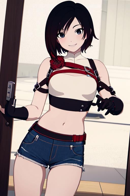 ((masterpiece,best quality)),  absurdres,denim shorts, white crop top,<lora:Ruby_RWBY_AnyLora_LessTagsAbsorbed:0.7>, Ruby_RWBY,solo, smiling, looking at viewer, cowboy shot,