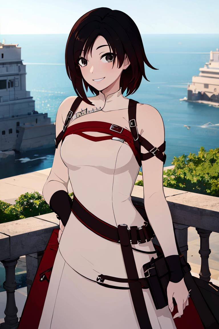 ((masterpiece,best quality)),  absurdres,long white dress, <lora:Ruby_RWBY_AnyLora_LessTagsAbsorbed:0.7>, Ruby_RWBY,solo, smiling, looking at viewer, cowboy shot,