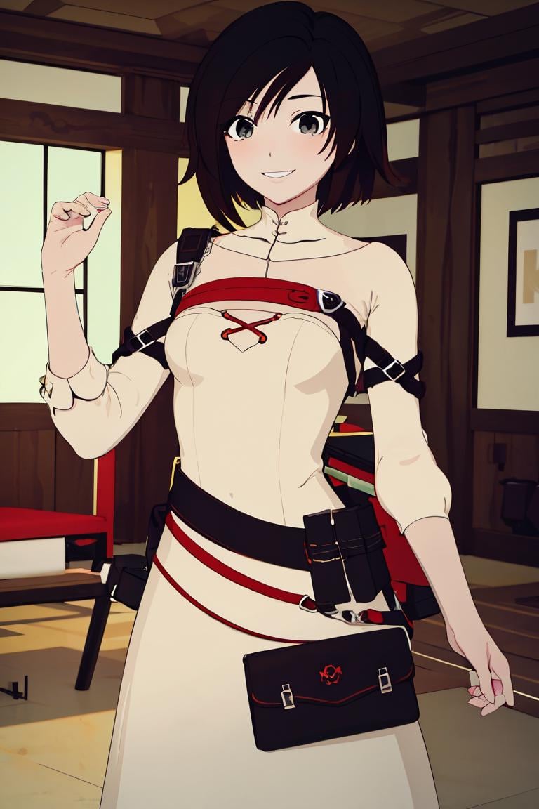 ((masterpiece,best quality)),  absurdres,long white dress, <lora:Ruby_RWBY_AnyLora_LessTagsAbsorbed:0.7>, Ruby_RWBY,solo, smiling, looking at viewer, cowboy shot,