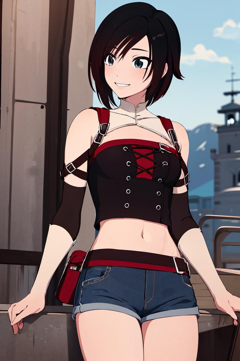 ((masterpiece,best quality)),  absurdres,denim shorts, white crop top,<lora:Ruby_RWBY_AnyLora_LessTagsAbsorbed:0.7>, Ruby_RWBY,solo, smiling, looking at viewer, cowboy shot,