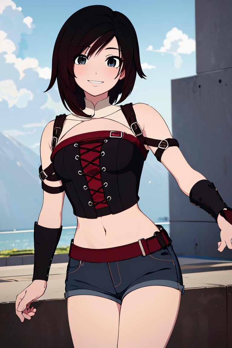 ((masterpiece,best quality)),  absurdres,denim shorts, white crop top,<lora:Ruby_RWBY_AnyLora_LessTagsAbsorbed:0.7>, Ruby_RWBY,solo, smiling, looking at viewer, cowboy shot,