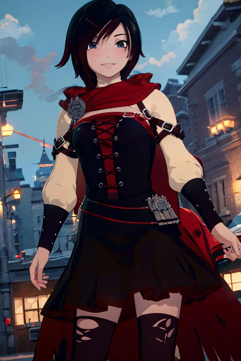 ((masterpiece,best quality)),  absurdres, <lora:Ruby_RWBY_Anime_MoreTagsAbsorbed:0.9>, Ruby_RWBY,  solo, smiling, looking at viewer, cowboy shot, cinematic composition, dynamic pose,