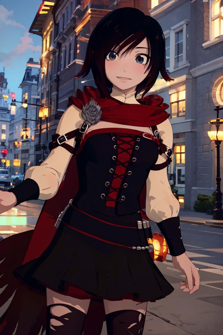 ((masterpiece,best quality)),  absurdres, <lora:Ruby_RWBY_Anime_MoreTagsAbsorbed:0.9>, Ruby_RWBY,  solo, smiling, looking at viewer, cowboy shot, cinematic composition, dynamic pose,