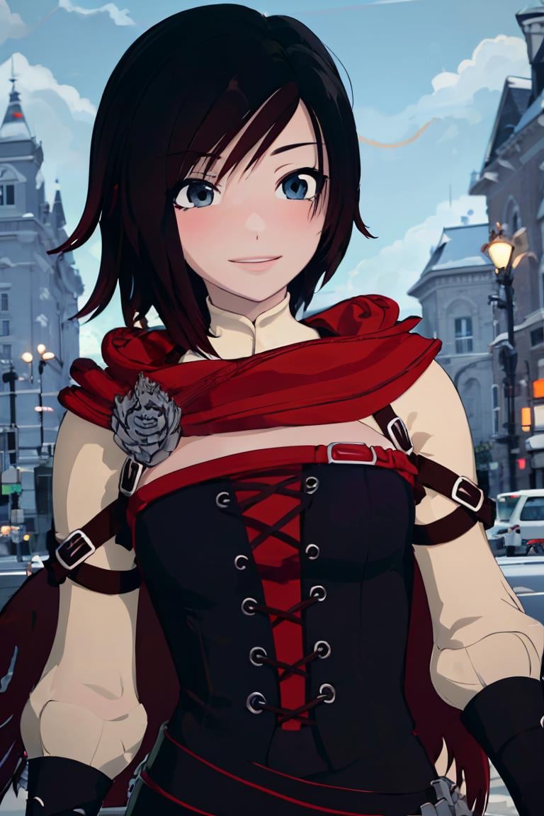 ((masterpiece,best quality)),  absurdres, <lora:Ruby_RWBY_Anime_MoreTagsAbsorbed:0.9>, Ruby_RWBY,  upper body, detailed eyes, blushing, cute, smiling,