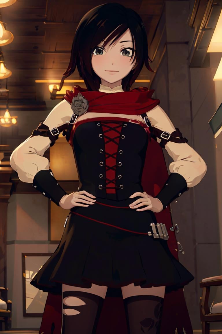 ((masterpiece,best quality)),  absurdres, <lora:Ruby_RWBY_Anime_MoreTagsAbsorbed:0.9>, Ruby_RWBY,  hands on hips, solo, smiling, looking at viewer, cowboy shot, cinematic composition, dynamic pose,