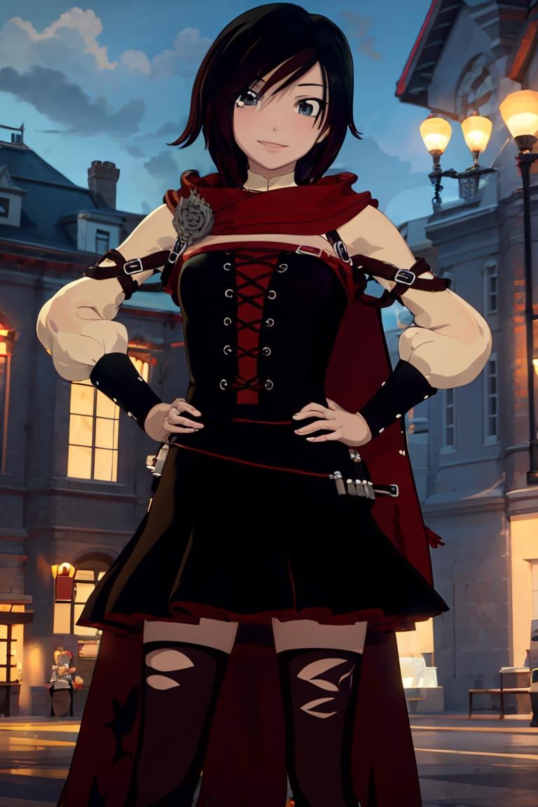 ((masterpiece,best quality)),  absurdres, <lora:Ruby_RWBY_Anime_MoreTagsAbsorbed:0.9>, Ruby_RWBY,  hands on hips, solo, smiling, looking at viewer, cowboy shot, cinematic composition, dynamic pose,