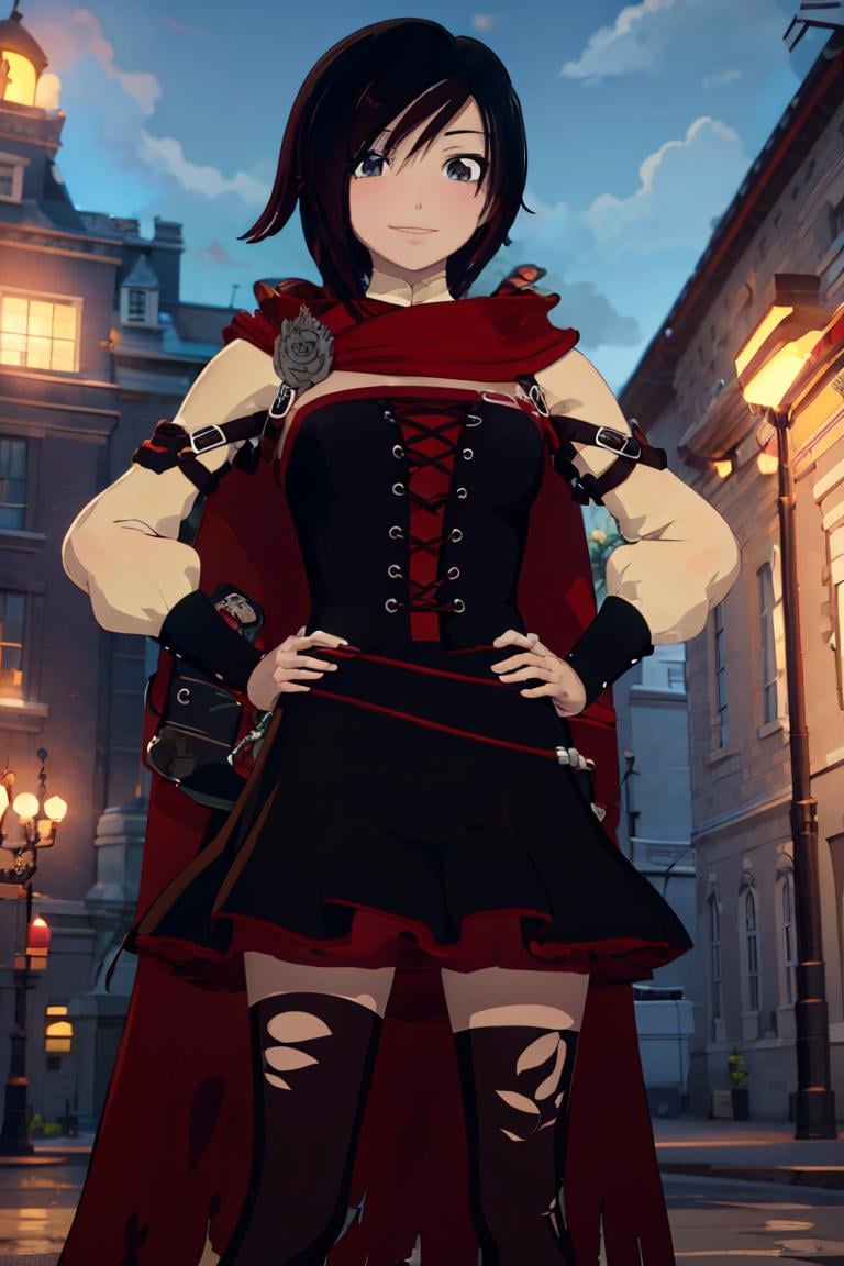 ((masterpiece,best quality)),  absurdres, <lora:Ruby_RWBY_Anime_MoreTagsAbsorbed:0.9>, Ruby_RWBY,  hands on hips, solo, smiling, looking at viewer, cowboy shot, cinematic composition, dynamic pose,