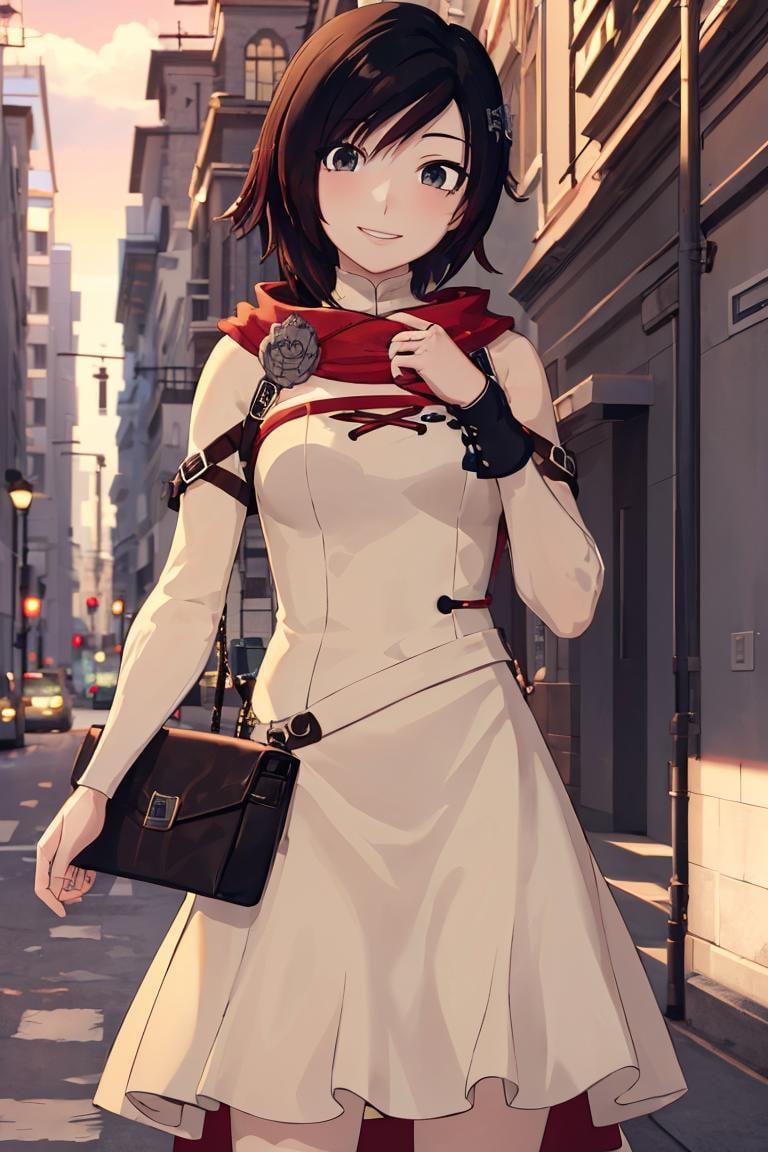 ((masterpiece,best quality)),  absurdres,long white dress, <lora:Ruby_RWBY_Anime_LessTagsAbsorbed:0.7>, Ruby_RWBY,solo, smiling, looking at viewer, cowboy shot,