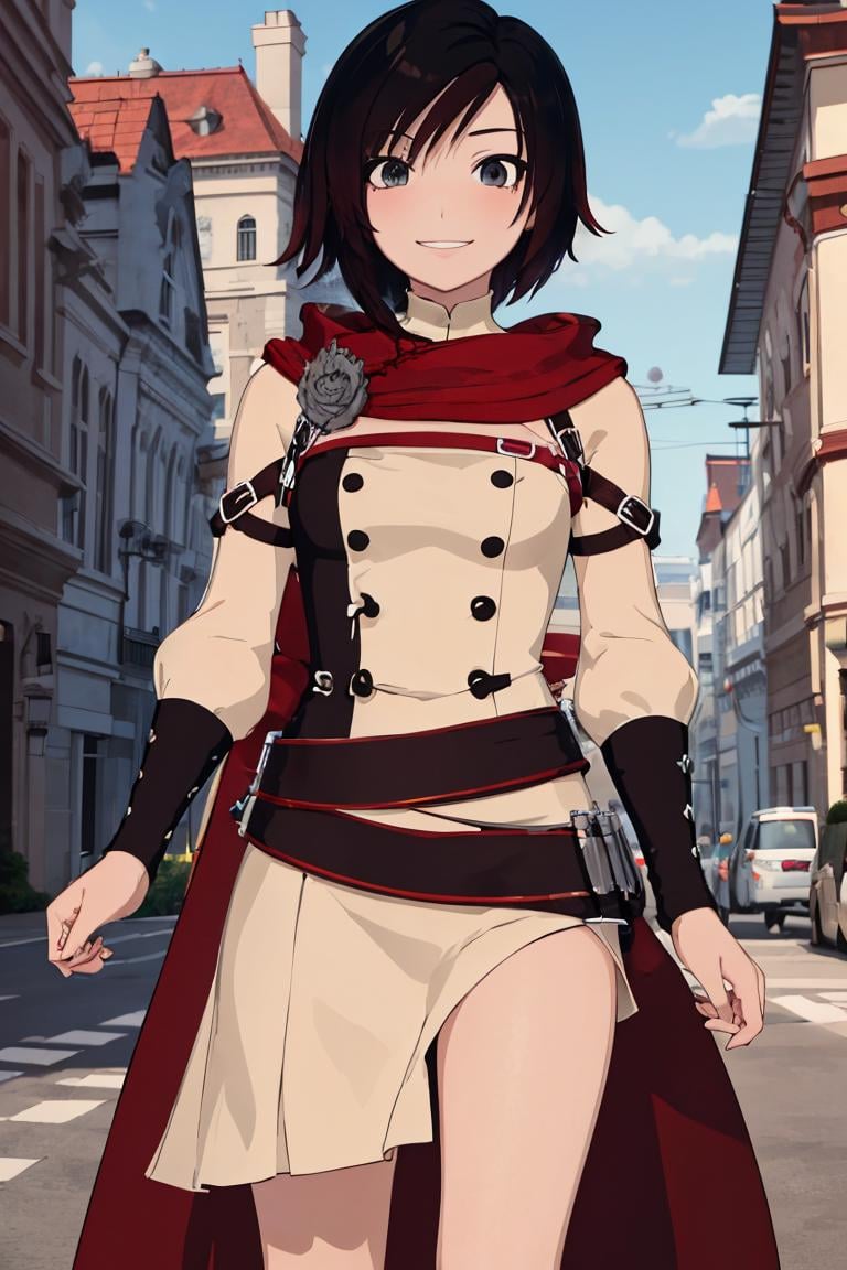 ((masterpiece,best quality)),  absurdres,long white dress, <lora:Ruby_RWBY_Anime_LessTagsAbsorbed:0.7>, Ruby_RWBY,solo, smiling, looking at viewer, cowboy shot,