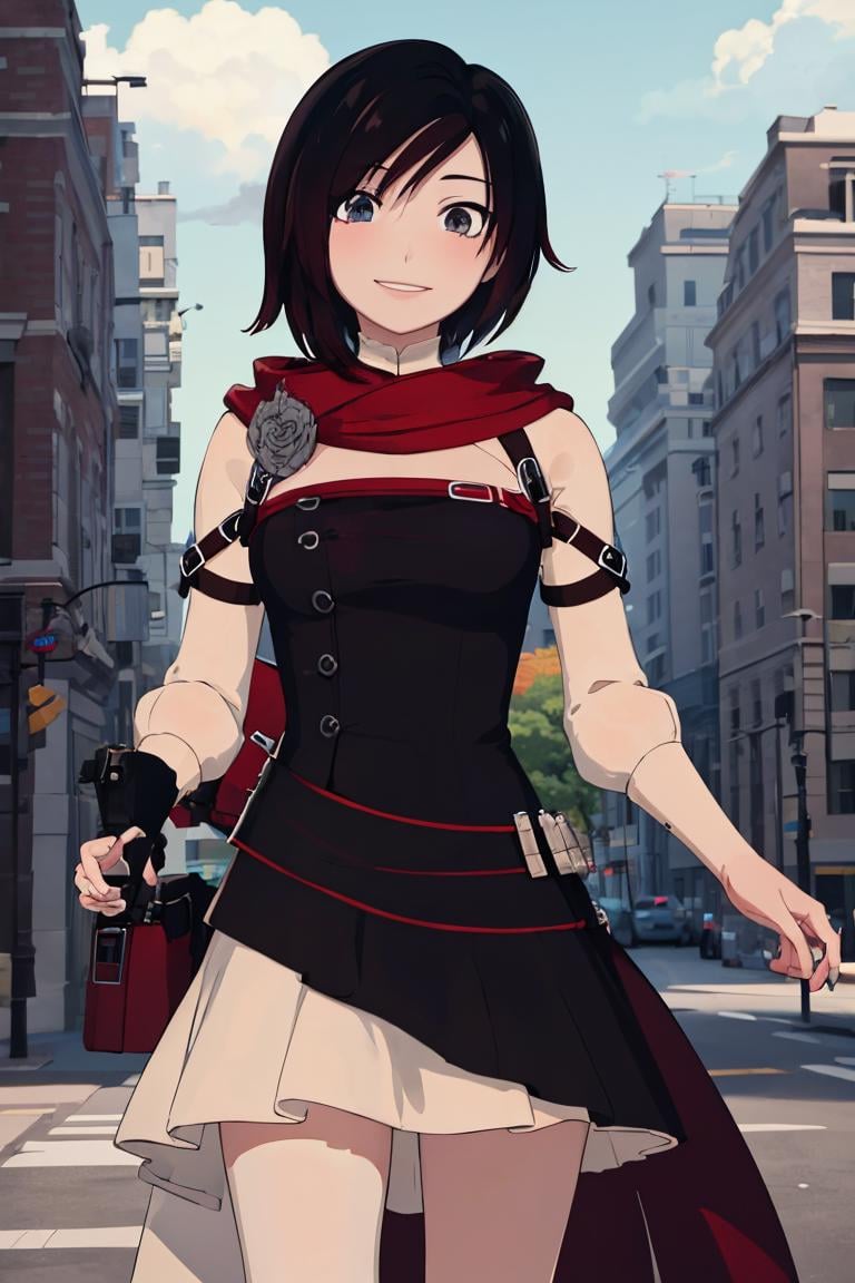 ((masterpiece,best quality)),  absurdres,long white dress, <lora:Ruby_RWBY_Anime_LessTagsAbsorbed:0.7>, Ruby_RWBY,solo, smiling, looking at viewer, cowboy shot,