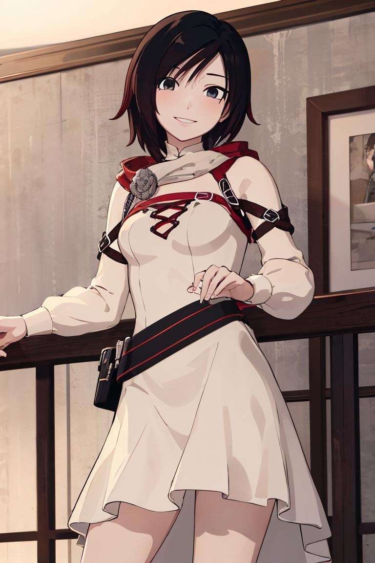 ((masterpiece,best quality)),  absurdres,long white dress, <lora:Ruby_RWBY_Anime_LessTagsAbsorbed:0.7>, Ruby_RWBY,solo, smiling, looking at viewer, cowboy shot,