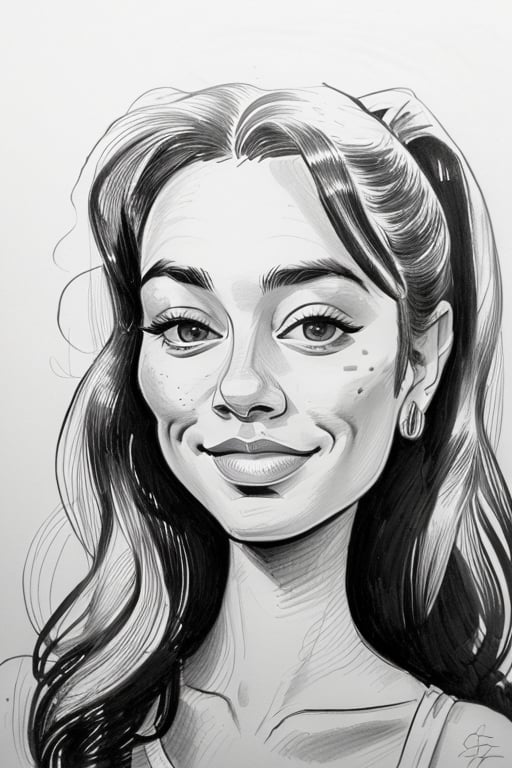 a woman portrait, jenefer,caricature, ink drawing, b&w, simple form, small details<lora:caricature:0.8> <lora:amirabrie-01a:0.8>