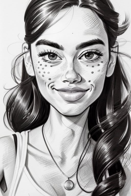 <hypernet:amirabrie:0.9><lora:caricature:0.8>a woman portrait, caricature, ink drawing, greyscale, art, artstation, b&w, masterpiece, illustration, flat, 