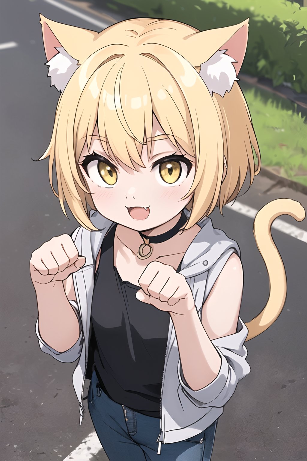 best quality, highly detailed, detailed background, cat girl, cat ears, cat tail, tank top, slim jacket, cat eyes, yellow eyes, short hair, choker, excited, :3, fangs, open mouth, outside, country road, village, rawr, paw hands, close up, from above, hands up