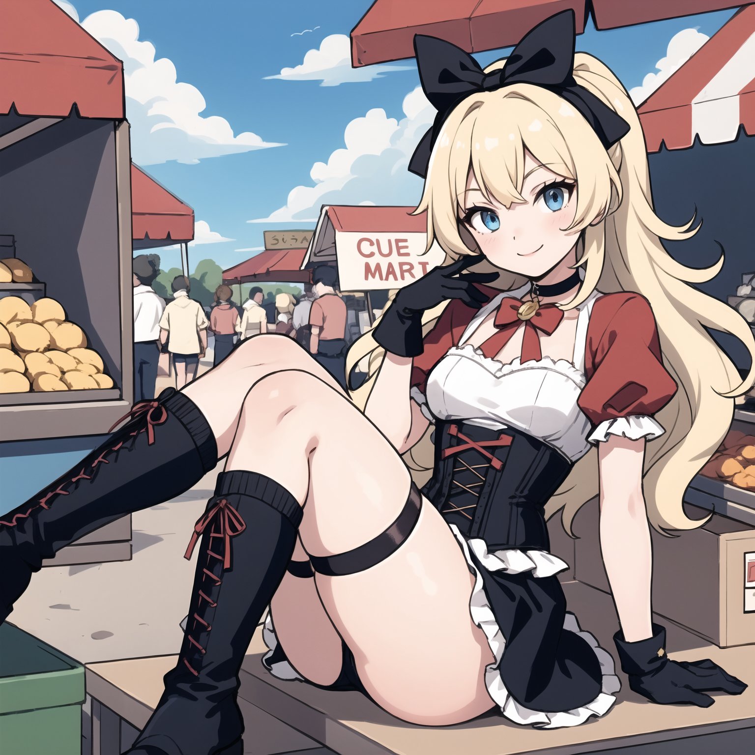 best quality, highly detailed, detailed background, girl, blue eyes, dress, corset, gloves, boots, socks, thigh highs, choker, very long hair, curly hair, blonde hair, bow, ribbon, leg up, smiling, flirty, sitting, village, central market, mediaeval, crowded, market stall, outdoors, clouds