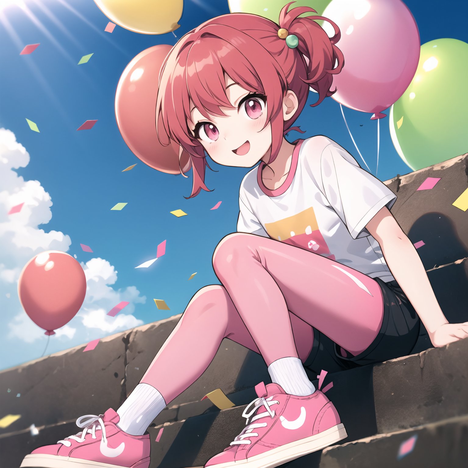 best quality, highly detailed, detailed background, little girl, red hair, short hair, curly hair, side pony, pink eyes, short sleeve, (shorts:1.2), pink (leggings:1.1), socks, sneakers, happy, sky, sunshine, light rays, candy, chocolate, confetti, balloons