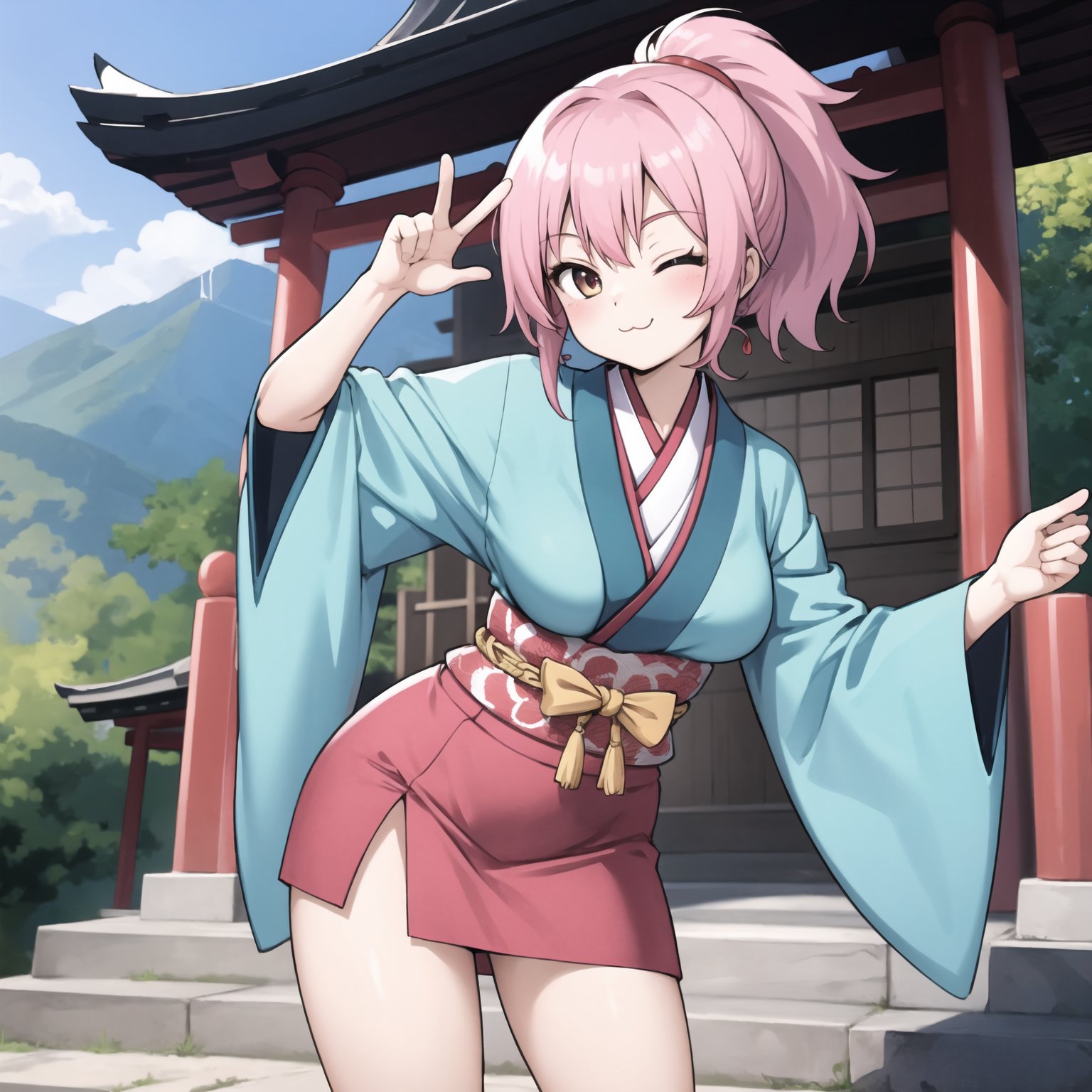 best quality, highly detailed, female, woman, pink hair, ponytail, slit skirt, oriental top, brazier, sexy pose, standing, smile, (winking:1.1), wink, :3, uwu, outside, modern shrine, japanese, exotic