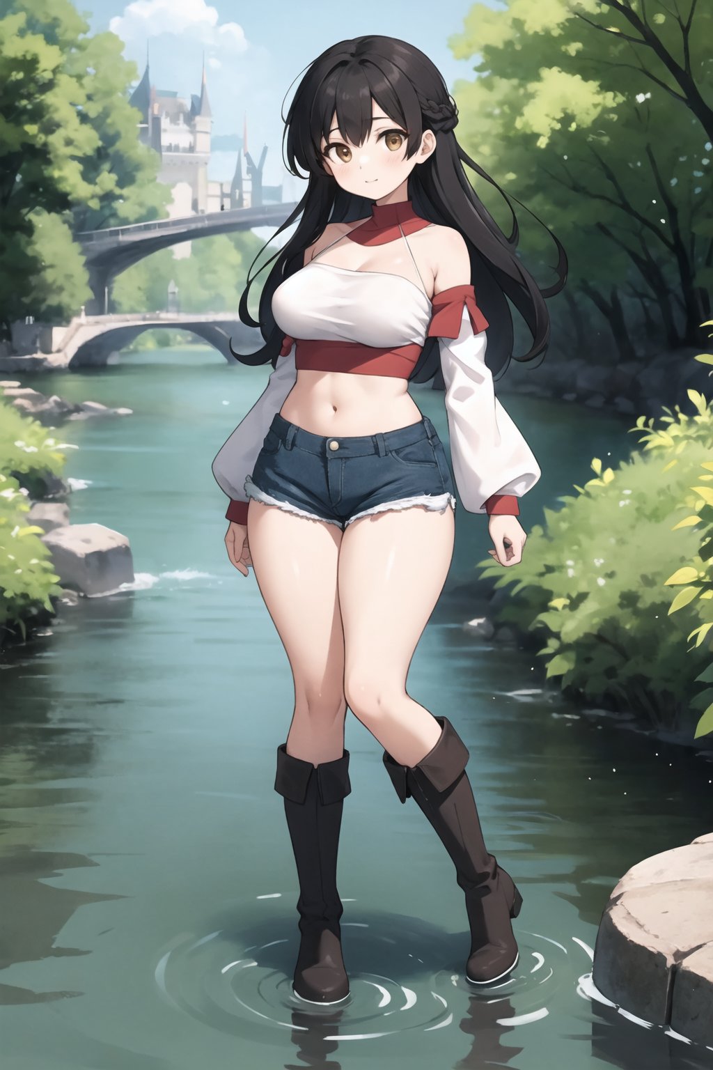 best quality, highly detailed, detailed background, girl, brown eyes, long hair, black hair, thick thighs, jean shorts, tube top, sleeves, stockings, boots, river bed, waterside, trees, sunshine, distant castle, full body