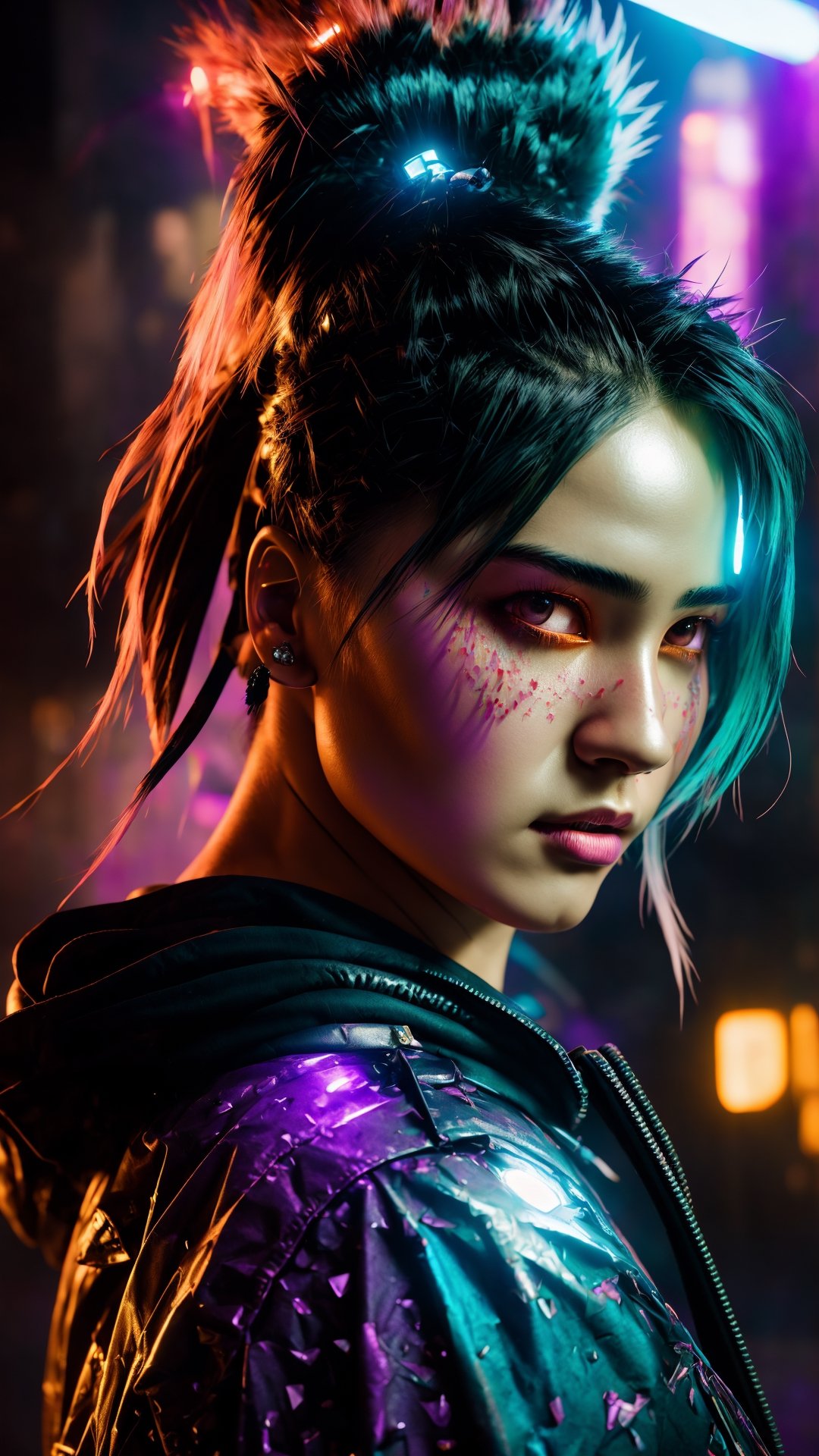 nft style, cyberpunk hedgehog , beautiful eyes, shaved side haircut ,hyper detail, cinematic lighting, magic , by Okuda San Miguel, spray splatter, with neon smoke, portrait, synthwave, hyper detailed, intricate, kaleidoscope, extremely beautiful, cinematic lighting, photo realistic,by mandy jurgens