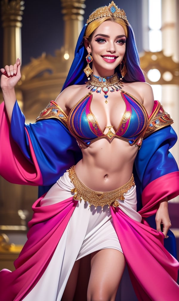 [model woman, medium breast], gown, bare midriff, palace, smile, perfect body, jewellery, royalty, (colorful, fantasy, vibrant, realistic, dramatic, sharp focus) ((8k hdr, dslr))