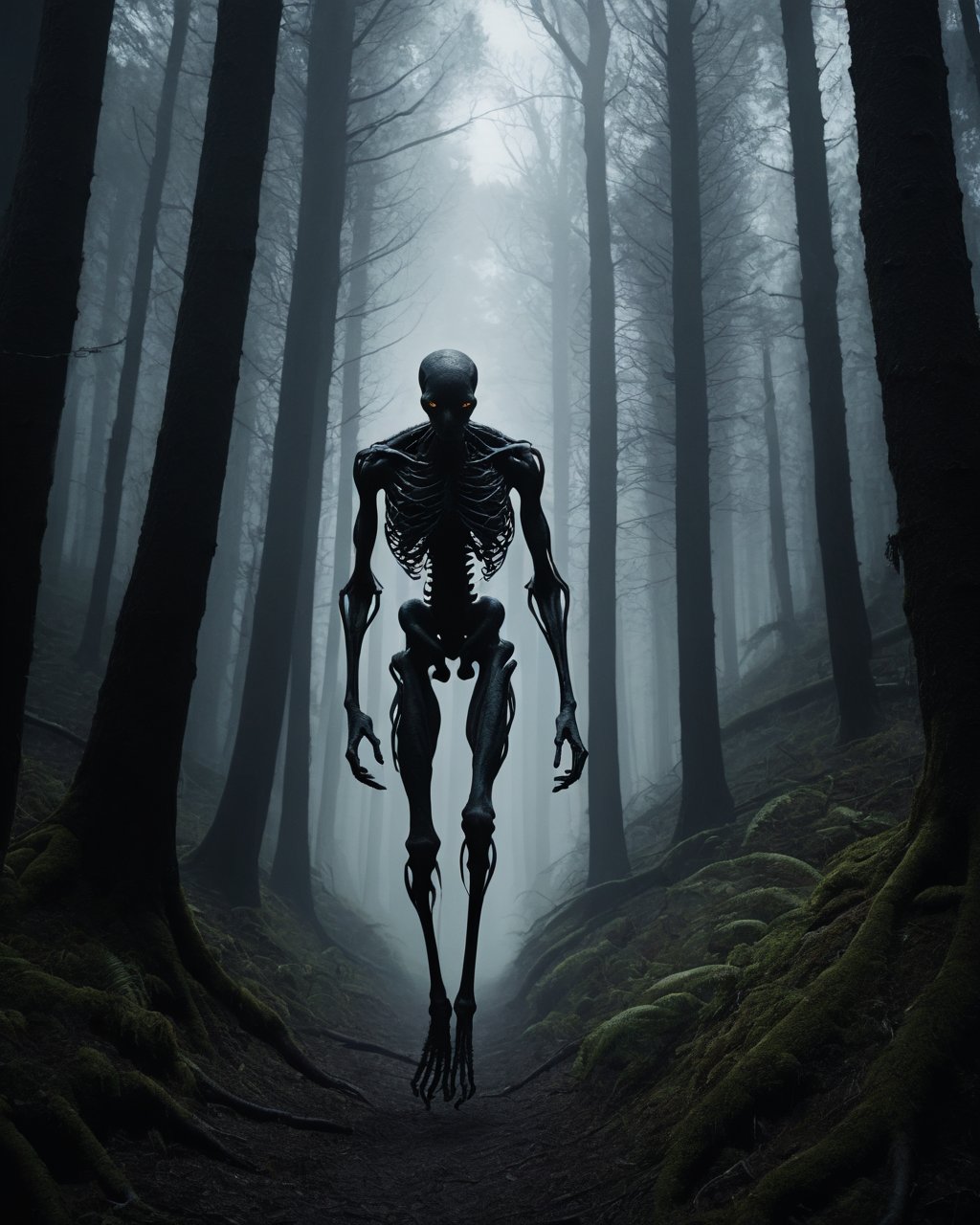 (Cinematic Photo:1.3) of (Ultrarealistic:1.3) <lora:ImgFixer:1.0>, Shadowed Gloomwalkers are stealthy, shadowy entities with elongated limbs. They move alone through the darkest of forests, preying on those who stray from the path.,Highly Detailed