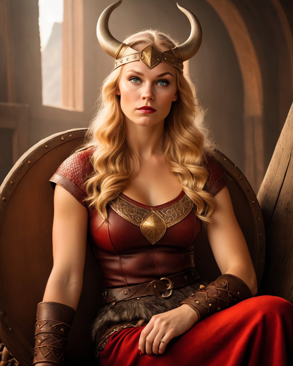 (Cinematic Photo:1.3) of (Ultrarealistic:1.3) <lora:ImgFixer:1.0>, beautiful Viking woman sitting, attractive, hot, red with golden designs, Gil Elvgren style, realistic, cinematic, 8k,Highly Detailed