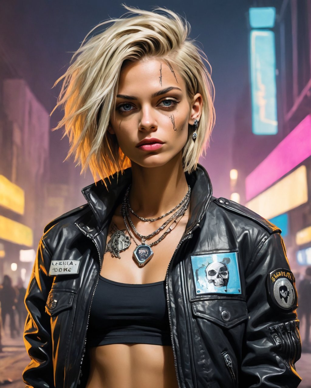 <lora:ImgFixer:1.0>  ,a CY_BORG character art portrait, badly drawn, crude Art Brut character, sloppy cyberpunk aesthetic, grungecore, Troika!, 1girl,  blurry background, breasts, depth of field, jacket, jewelry, lips, medium breasts, midriff, navel, necklace, realistic, solo