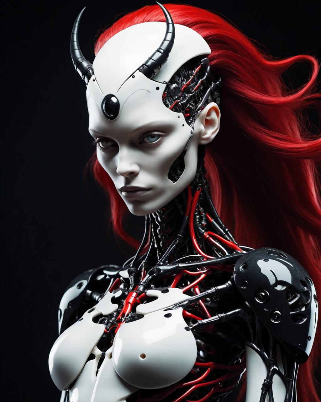 <lora:ImgFixer:1.0>  , A smooth white porcelain woman merged with black demonic skeletal cybernetic augments made of carved stone merged with red subsurface scattering wing tissue, soft marble skin embraced by black stone living armor, biopunk cyberpunk princesscore, strong silhouette, high contrast, soft color, studio lighting, symmetrical,