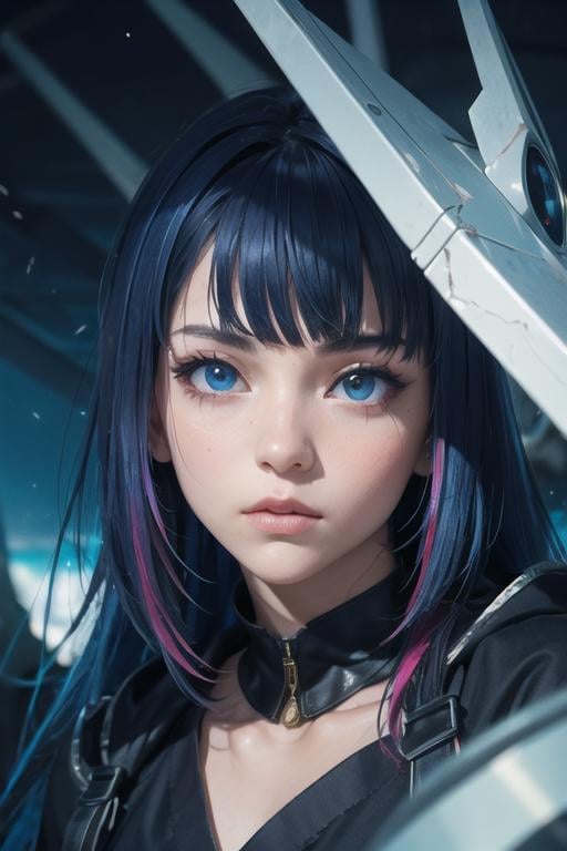 cinematic composition,aestheti,1girl,solo,masterpiece,beautiful face, white AND blue hair, multicolored hair,martial arts uniform under black robe,depth of field,cinematic lighting,sci-fi, fantasy, cloud city