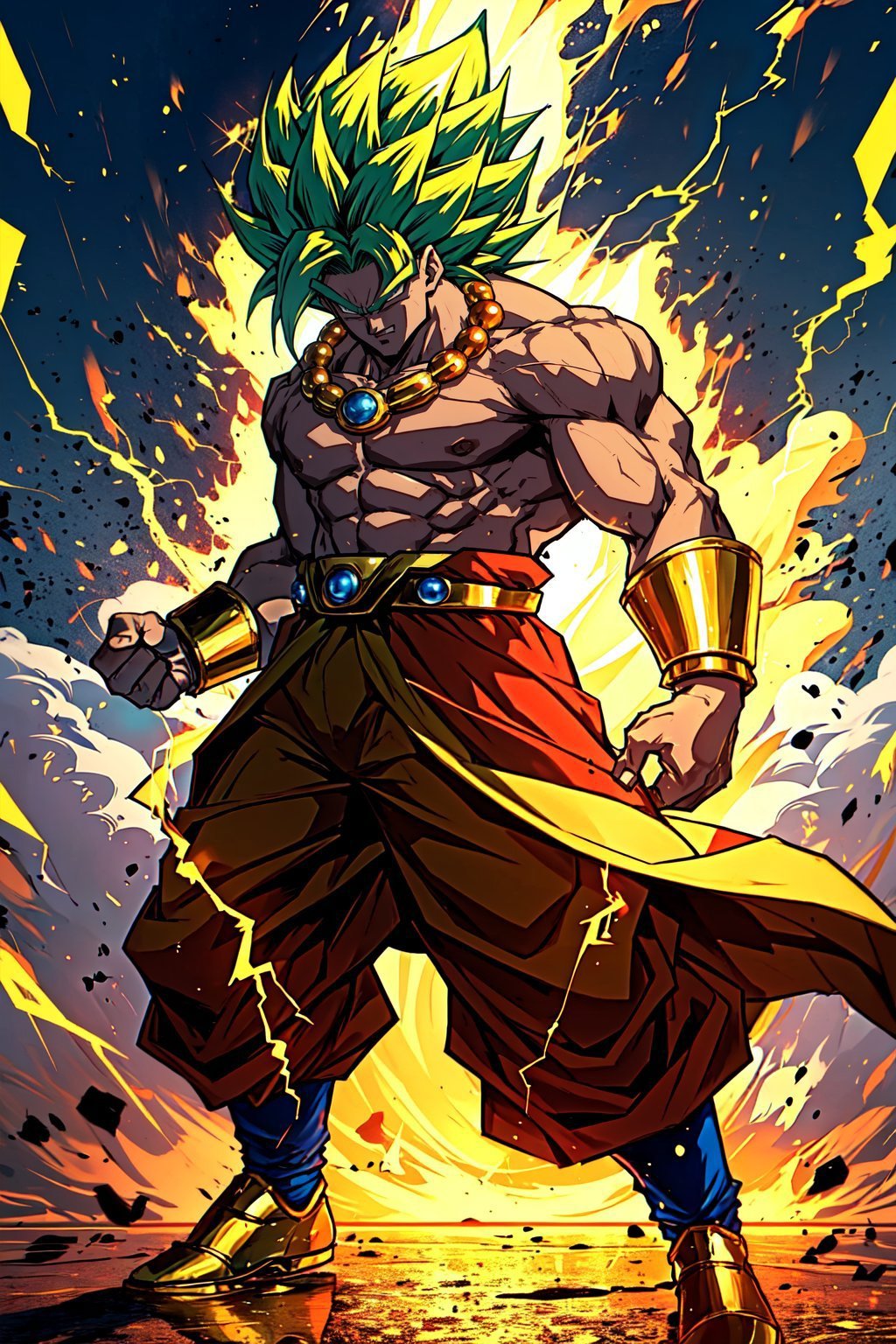 masterpiece, best quality, bold, colorful, anime, illustration, solo, dynamic pose, looking at viewer, detailed face, 1boy, dragonball, muscular, broly, legendary super saiyan, green hair, white eyes, golden necklace, red waist robe, white baggy pants, golden shoes, golden bracelets, r1ge, blue aura, electricity, <lora:r1ge - AnimeRage:0.3>    <lora:Broly_LoRA:0.5>