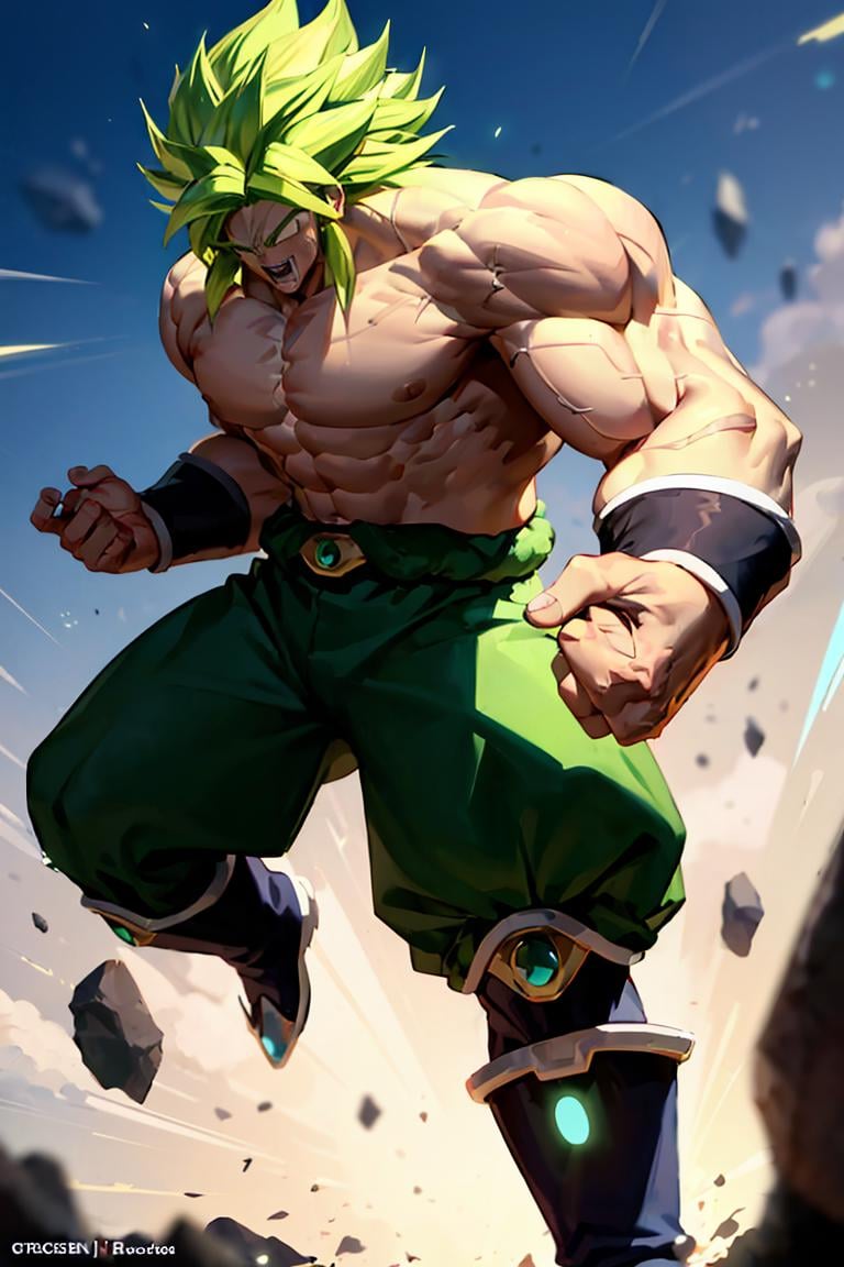 <lora:Broly_LoRA:1>, broly, legendary super saiyan, green hair, spiky hair, white eyes, muscular, tall, black bracelets, 