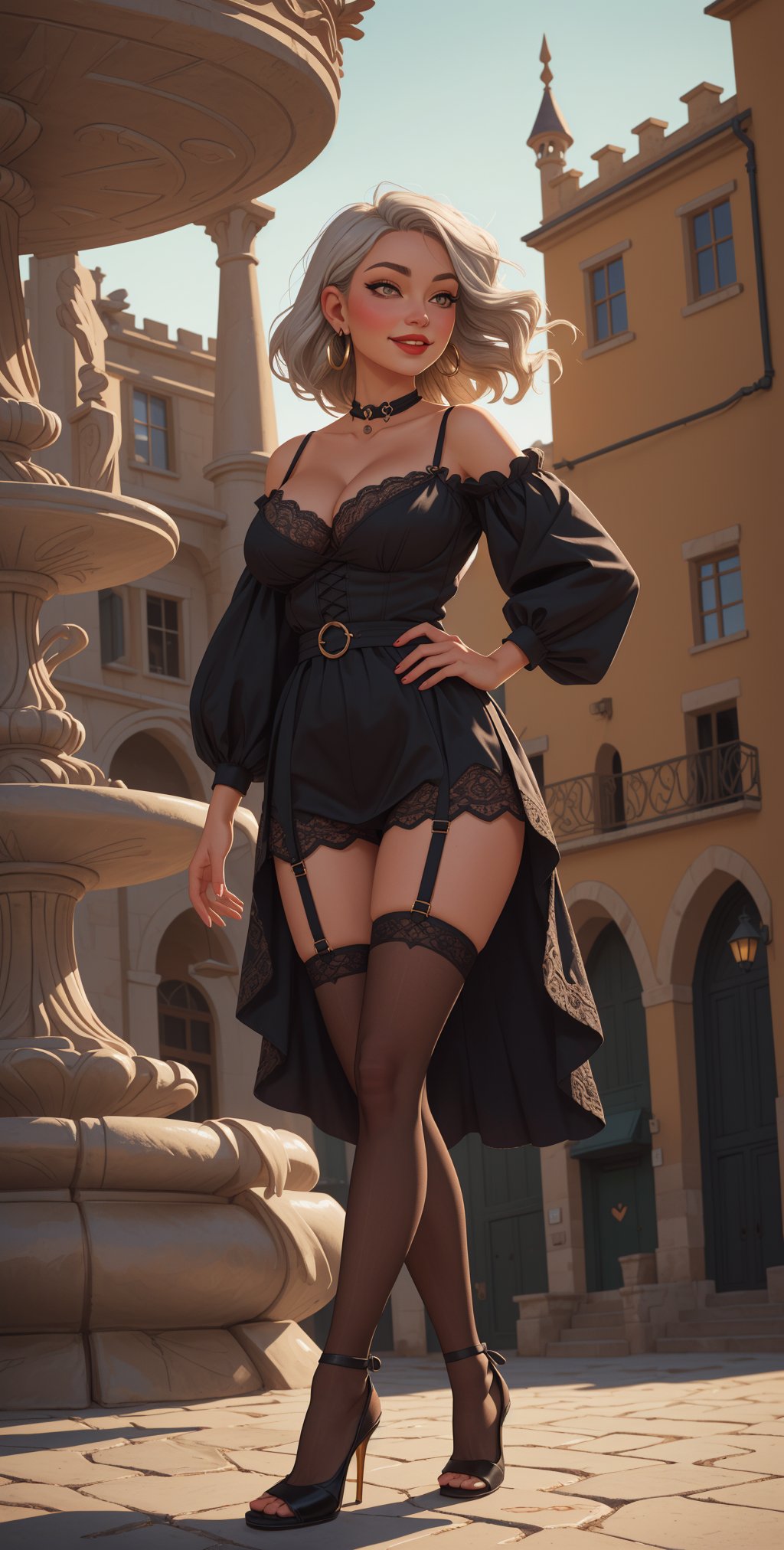 glamour photo of artgerm, a stunning woman, (granite renaissance castle, granite oriel windows, wraith, phoenix, a vast desert with towering sand dunes), wearing a (Rustic homespun dress in earthy brown, made from coarse wool, with a loose smock-like fit, high waistline, and three-quarter length sleeves, Enigma, Average Height, Thin, Heart-Shaped Face, Olive Skin, Silver Hair, Sapphire Eyes, Short Nose, Thick Lips, Receding Chin, Long Hair, Thick Hair, Wavy Layered Bob, soft breasts, Threader earrings, terracotta matte lipstick, Whimsical medieval town square, complete with a central fountain and colorful banners), (evil smiling), (8k, RAW photo, best quality, depth of field, ultra high res:1.2), (vibrant colors, absurdres, intricate, photorealistic, masterpiece, ultra-detailed:1.3, cinematic lighting), shot at eye level, photography on a Fujifilm X-T4 with a 50mm lens, outdoor, modelstyle photography setting,  ,  earrings, lace choker, gigantic breasts, cleavage, narrow waist, abs, long legs, slim legs, stockings, thighhighs, garter straps, high heels,