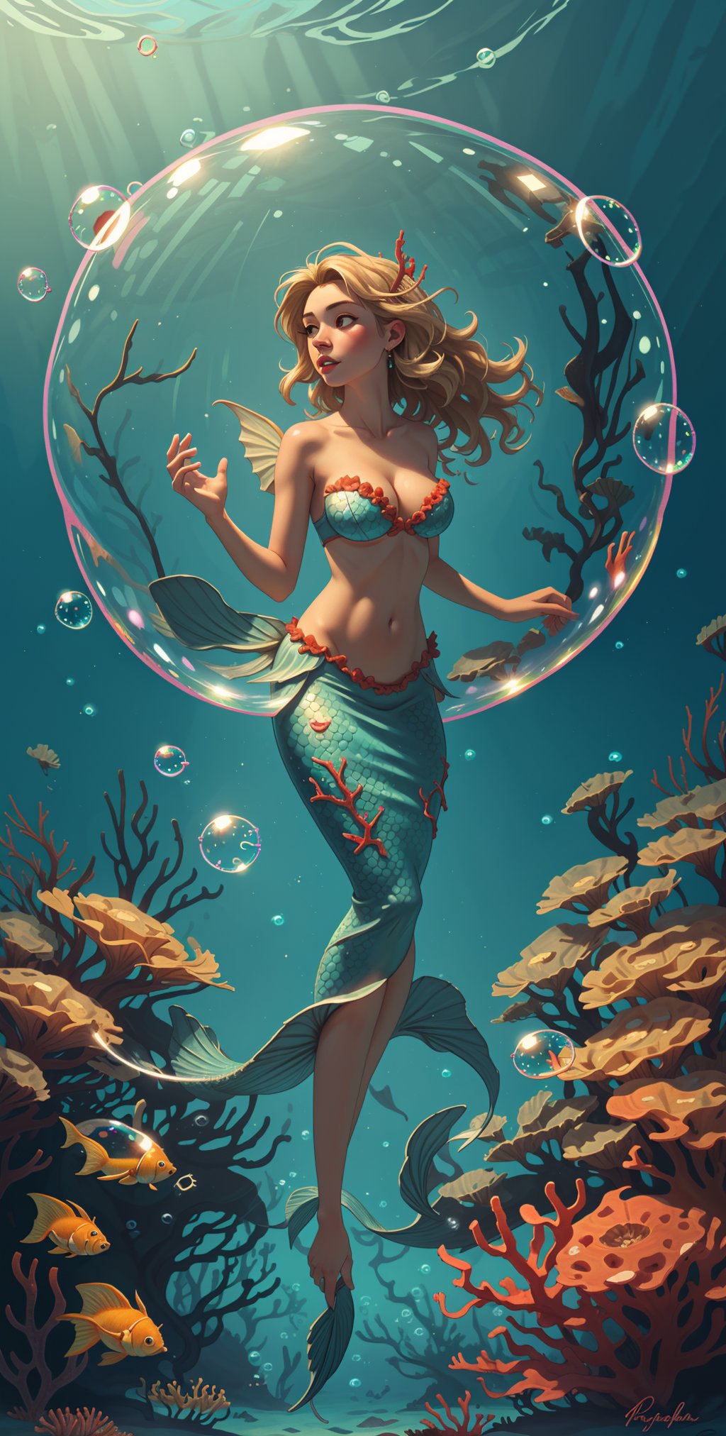 cowboy shot ,realistic, best quality, masterpiece, realistic ,hyperdetailed, intricately detailed, mermaid, (inside a bubble:1.6), 1girl, beautiful, sexy, mature woman, underwater, playing with fish, coral, seaweed, reef background, fantasy, ripples, breasts, warm colors, blonde hair, shells, orange hair, bubblerealm, water, ,