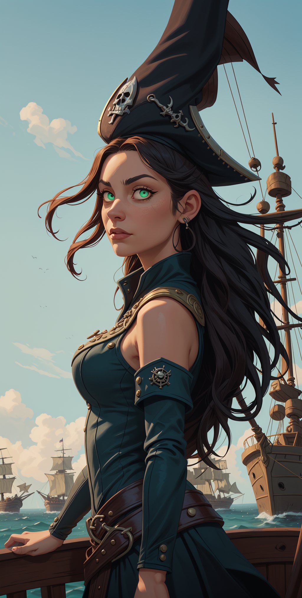 (Masterpiece, best quality:1.2),1 woman,fearless and courageous expression,mature,skinny shoulders,very skinny body,long dreads,black captitain dark pirate hat,dreads,vibrant green eyes,(detailed eyes and detailed face),outside of a ship,external ship background,detailed face,(medieval fantasy theme:1.1),light blue pirate-themed armor,neon-lights,,