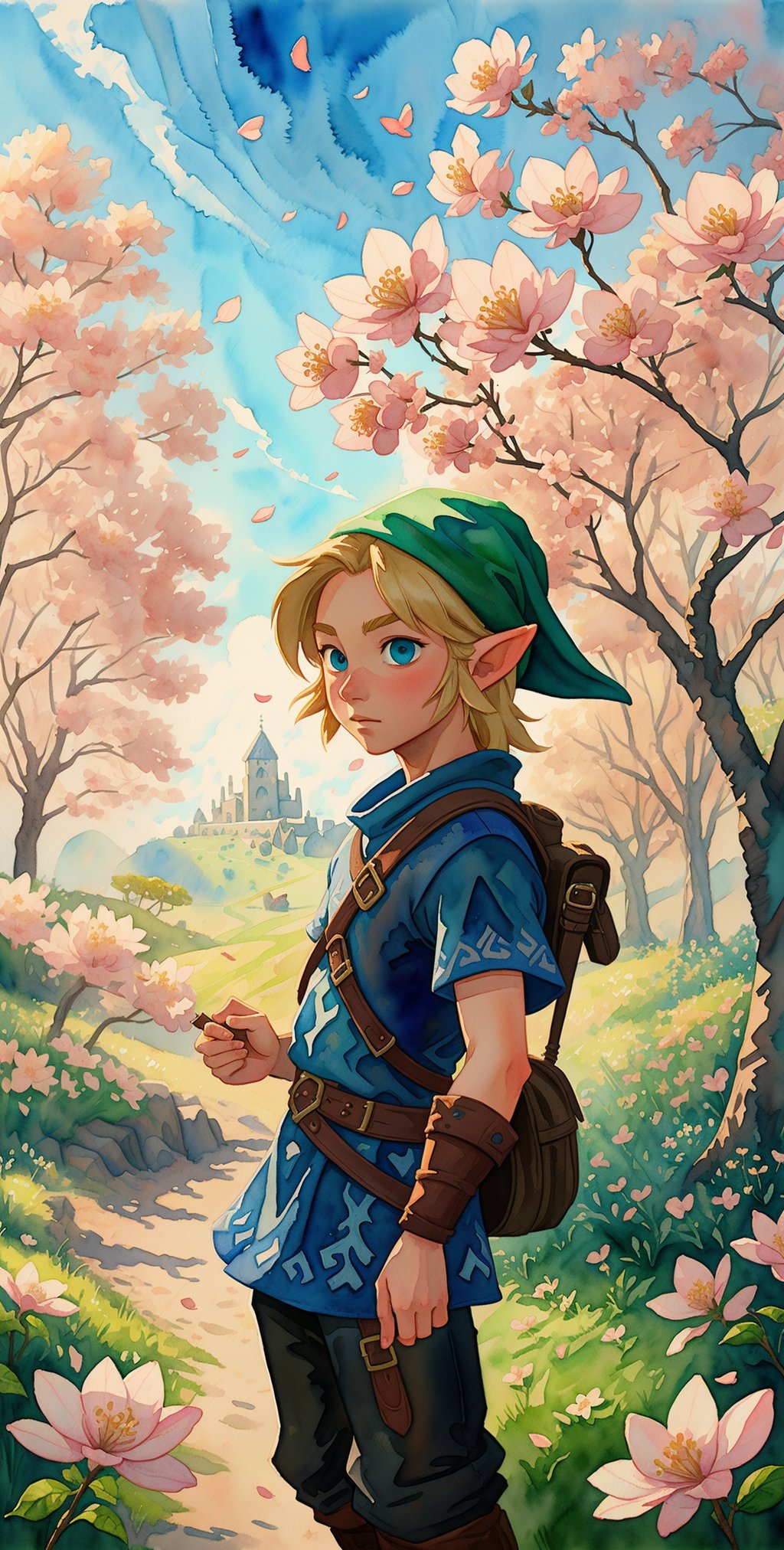 masterpiece,best quality,the legend of zelda,tunic,hat,1 boy,blonde hair,solo,flowers around,cherry blossoms,((watercolor)) painting,countryside