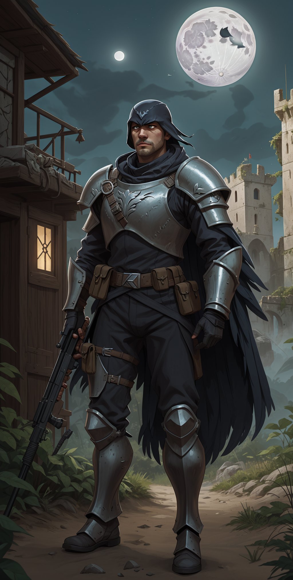 raven guard, elite imperial enforcer sniping in the jungle, holding rifle, wearing detailed (full armor:1.2), corvus helm, scifi scene, ruined castle in far distance, moonlight,  , 