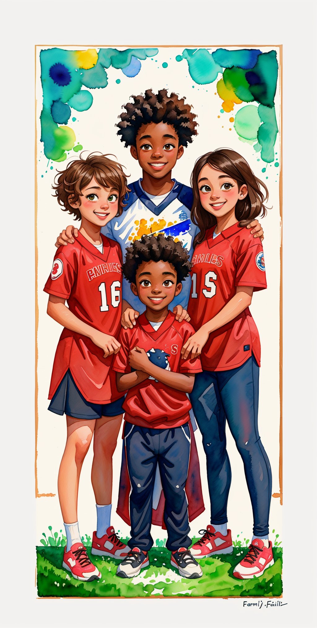 masterpiece,best quality,high quality,1man,2girls,( family portrait),afro hair,smiling,sports outfit,centered frame,((watercolor)) painting,,