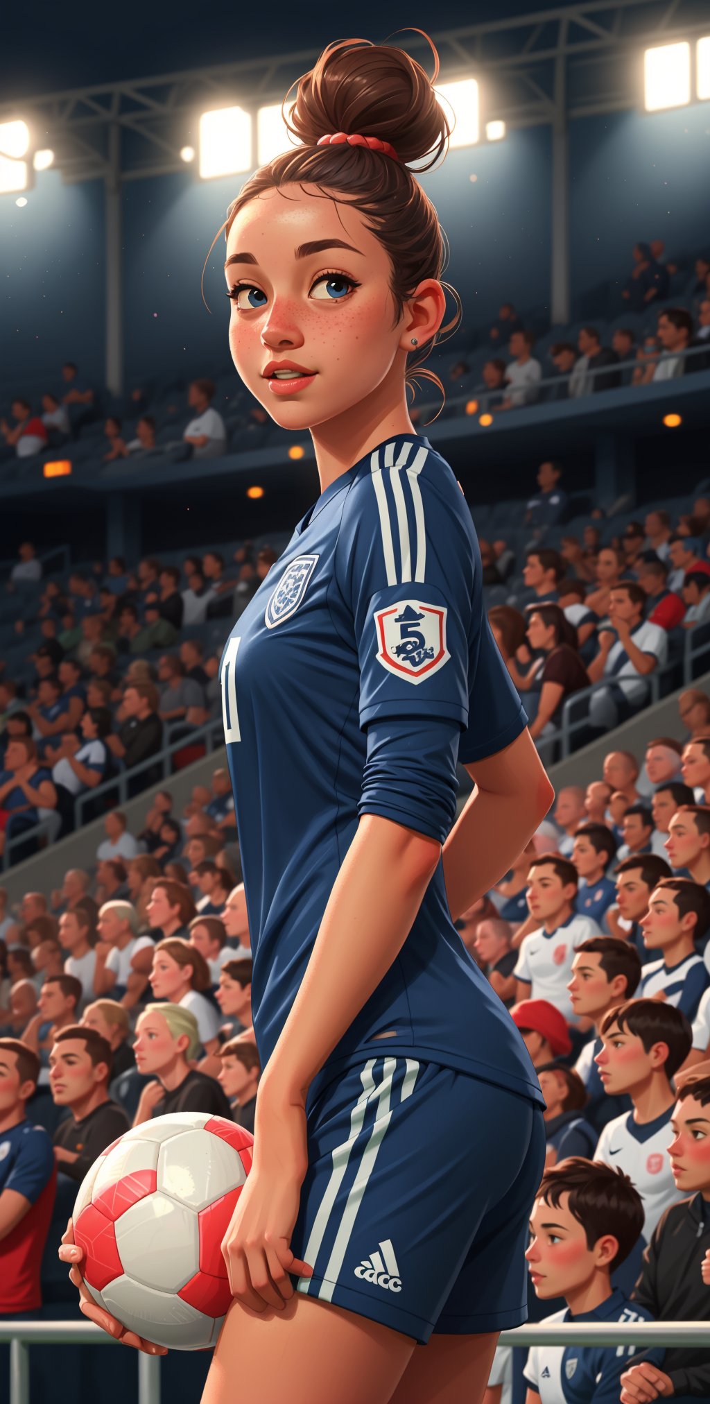 beautiful:1.2, (cute:1.3) (curvy:0.7), female soccer player in a crowded stadium, soccer ball, (smiling:0.7), detailed skin, (realistic skin:1.2), (freckles:0.9), blue eyes, full lips, broad cheek, masterpiece, ultra realistic, realistic light, (saturation), photorealistic, best quality, 