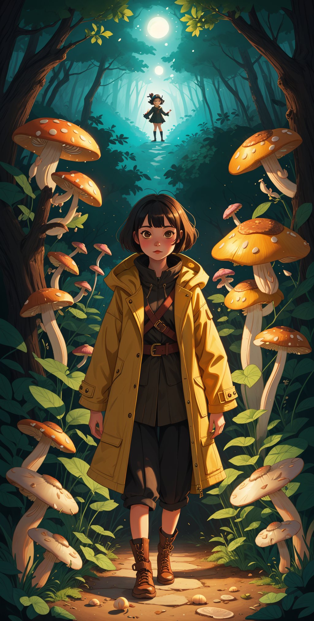 forest,luminescence mushroom,1girl,(yellow coat:1.1),fat dog,masterpiece,best quality,fantasy,unique composition,,